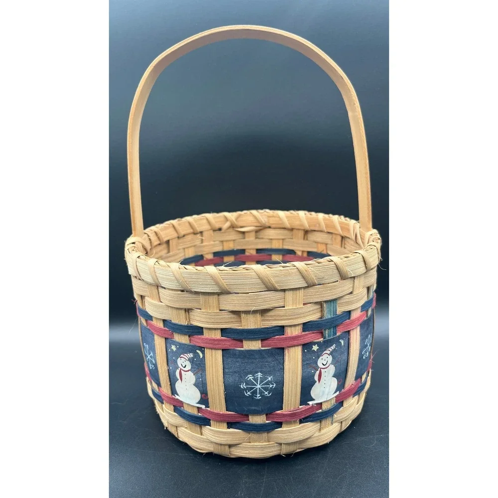 Hand Woven Round Splint Basket Snowman Snowflake Winter Holiday Handle 12x8